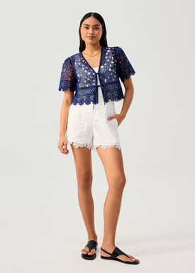 Floral Lace Ribbon Tie V-neck Shell Top