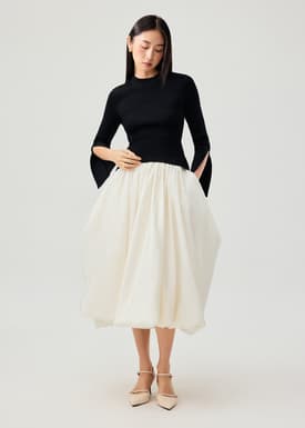 Asymmetric Hem Mock Neck Bell Sleeve Top