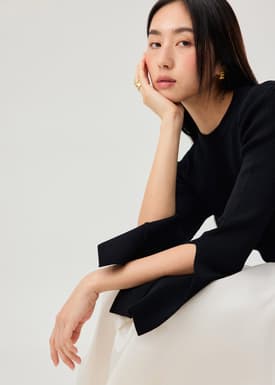 Asymmetric Hem Mock Neck Bell Sleeve Top