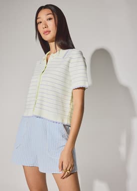 Relaxed Striped Knit Collared Button Down Top