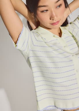 Relaxed Striped Knit Collared Button Down Top