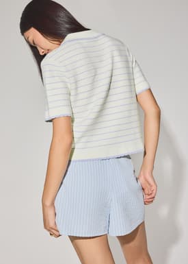 Relaxed Striped Knit Collared Button Down Top
