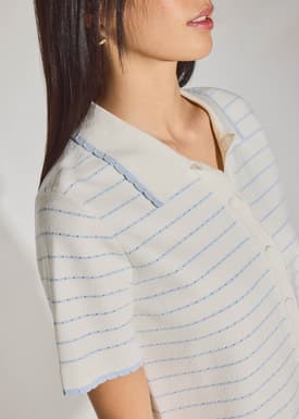 Relaxed Striped Knit Collared Button Down Top