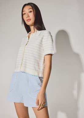 Relaxed Striped Knit Collared Button Down Top