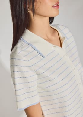 Relaxed Striped Knit Collared Button Down Top