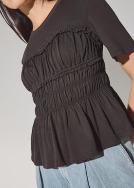 Jersey Ruched Bodice Round Neck Peplum Top