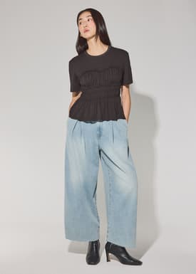 Jersey Ruched Bodice Round Neck Peplum Top