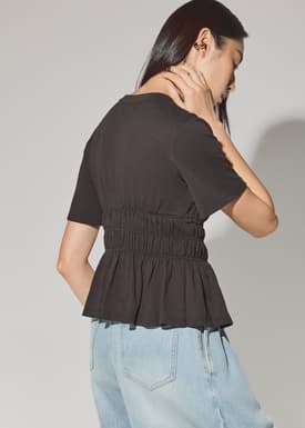 Jersey Ruched Bodice Round Neck Peplum Top