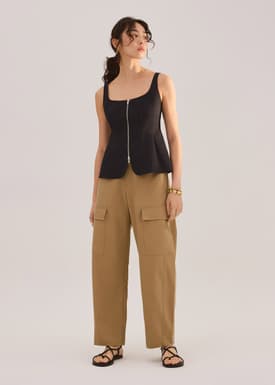 Lyocell Front Zipper Square Neck Fitted Long Top