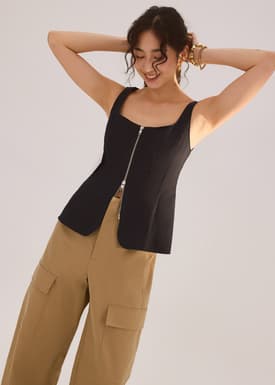 Lyocell Front Zipper Square Neck Fitted Long Top
