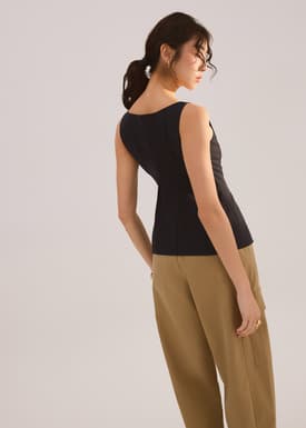 Lyocell Front Zipper Square Neck Fitted Long Top