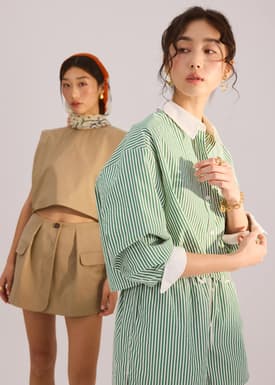 RuchedReady® Striped Cotton Collared Boxy Button Down Top