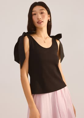 Ribbon Tie Scoop Neck Fitted Top
