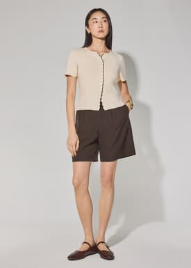 Knit Scallop Edge Fitted Button Down Top