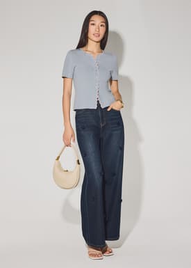 Knit Scallop Edge Fitted Button Down Top