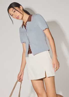 Knit Scallop Edge Fitted Button Down Top