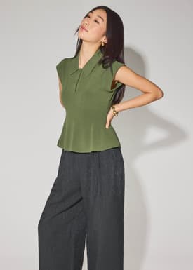 Knit Collared Peplum Polo Top