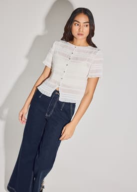 Sheer Crinkled Boat Neck Fitted Button Down Top