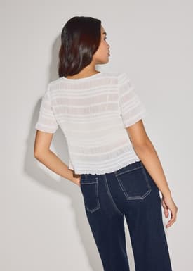 Sheer Crinkled Boat Neck Fitted Button Down Top