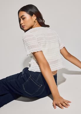 Sheer Crinkled Boat Neck Fitted Button Down Top