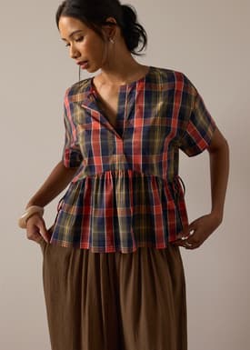 Checkered Cotton Peplum Top