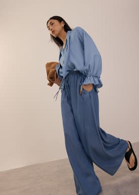 Elastic Chambray Wide Leg Pants