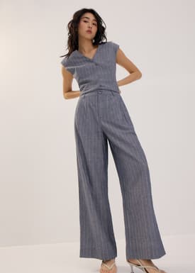 Striped Linen Wide Leg Pants in Indigo
