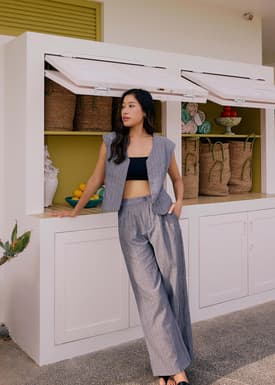 Striped Linen Wide Leg Pants in Indigo