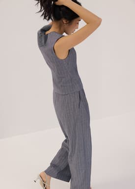 Striped Linen Wide Leg Pants in Indigo