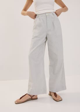 Striped Linen Wide Leg Pants in White