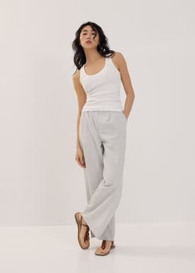 Striped Linen Wide Leg Pants in White