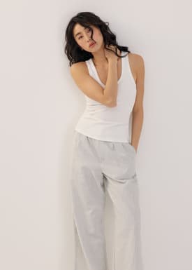 Striped Linen Wide Leg Pants in White