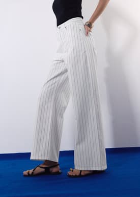 Pinstripe Cotton Twill 5-Pocket High Rise Straight Leg Pants