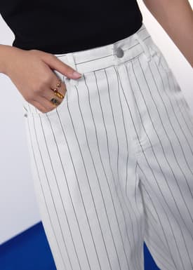 Pinstripe Cotton Twill 5-Pocket High Rise Straight Leg Pants