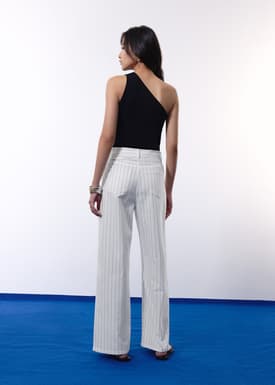 Pinstripe Cotton Twill 5-Pocket High Rise Straight Leg Pants