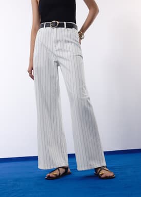 Pinstripe Cotton Twill 5-Pocket High Rise Straight Leg Pants