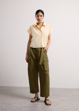 Cotton Twill High Waist Barrel Utility Pants