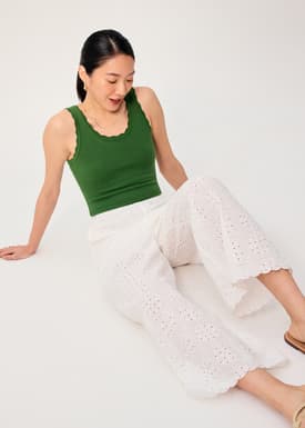 Elastic Cotton Broderie Mid Waist Straight Leg Pants