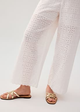 Elastic Cotton Broderie Mid Waist Straight Leg Pants