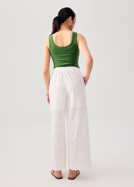 Elastic Cotton Broderie Mid Waist Straight Leg Pants