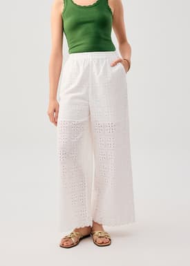 Elastic Cotton Broderie Mid Waist Straight Leg Pants