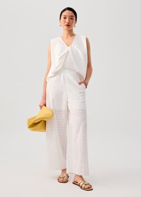 Elastic Cotton Broderie Mid Waist Straight Leg Pants