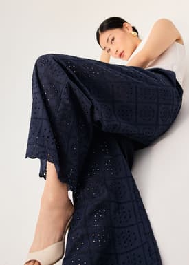 Elastic Cotton Broderie Mid Waist Straight Leg Pants