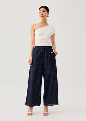 Elastic Cotton Broderie Mid Waist Straight Leg Pants