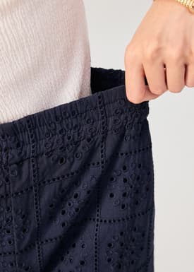 Elastic Cotton Broderie Mid Waist Straight Leg Pants