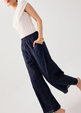 Elastic Cotton Broderie Mid Waist Straight Leg Pants