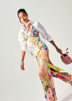 Elastic Panelled Mid Waist Wide Leg Pants in Vivid Blooms