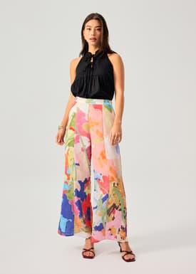 Elastic Panelled Mid Waist Wide Leg Pants in Vivid Blooms
