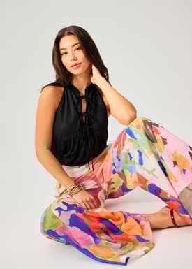 Elastic Panelled Mid Waist Wide Leg Pants in Vivid Blooms