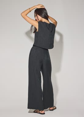 Elastic Textured Lyocell Mid Waist Straight Leg Pants